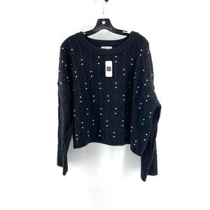 NWT Bump Biddy Women's Black Faux Pearl Knit Long Sleeve Crop Sweater Size L NEW